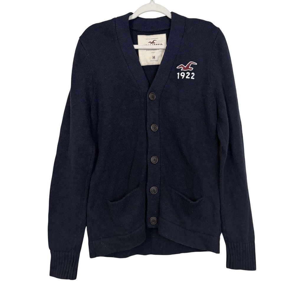Vtg 90s Y2K Hollister Wool Blend Knit Cardigan Sweater Men's Sz M Navy Blue